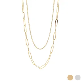 18K Gold PVD Stainless Steel Dainty Curb and Paperclip Layered Chain Necklace / CHN0019