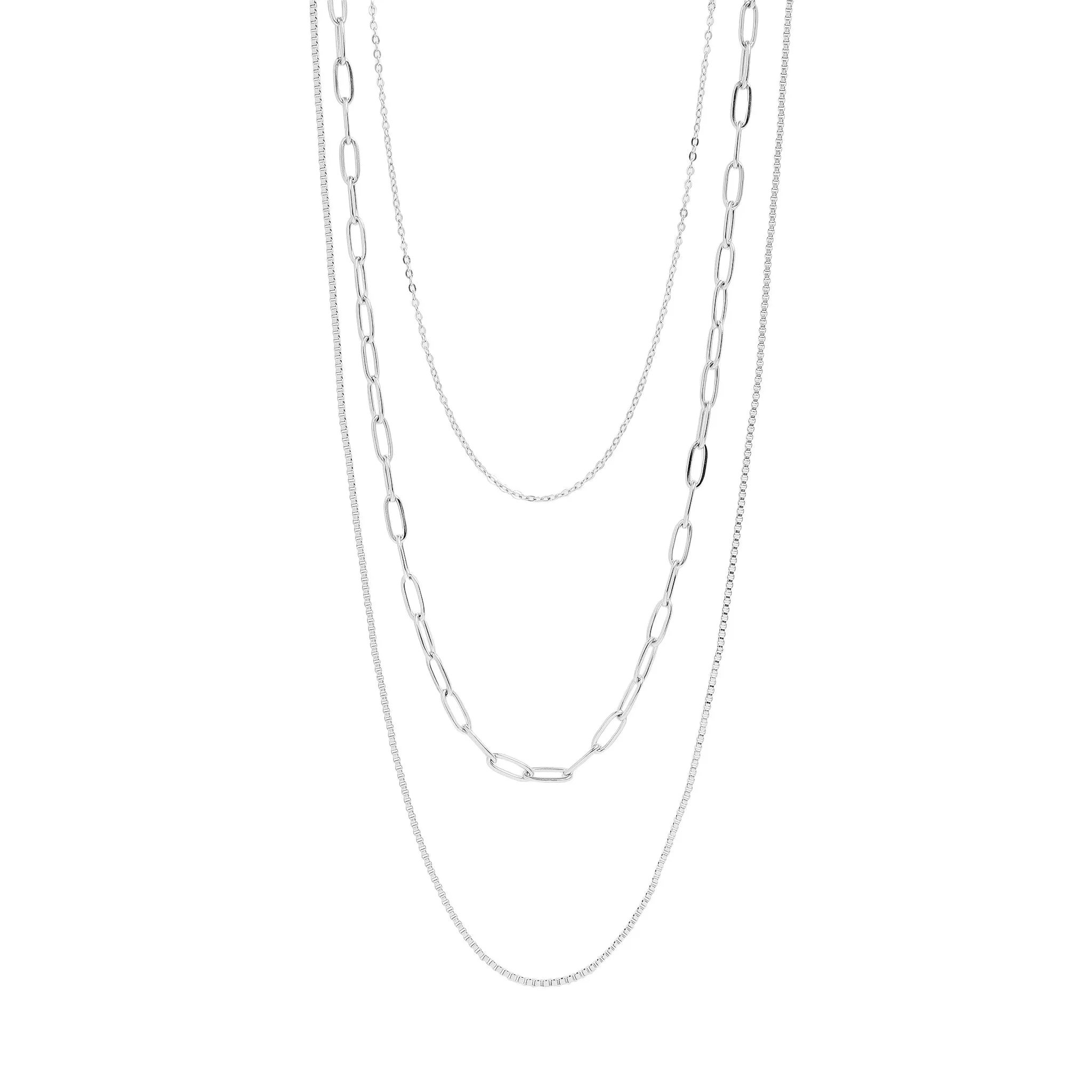 18K Gold PVD Stainless Steel Loop, Box, and Paperclip Layered Chain Necklace / CHN0015