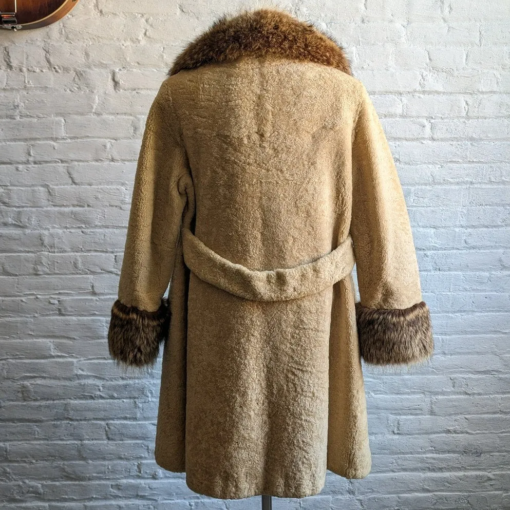 70s Vintage Wool Fox Fur Penny Lane Boucle Coat Groovy Pastel Yellow Shag Jacket