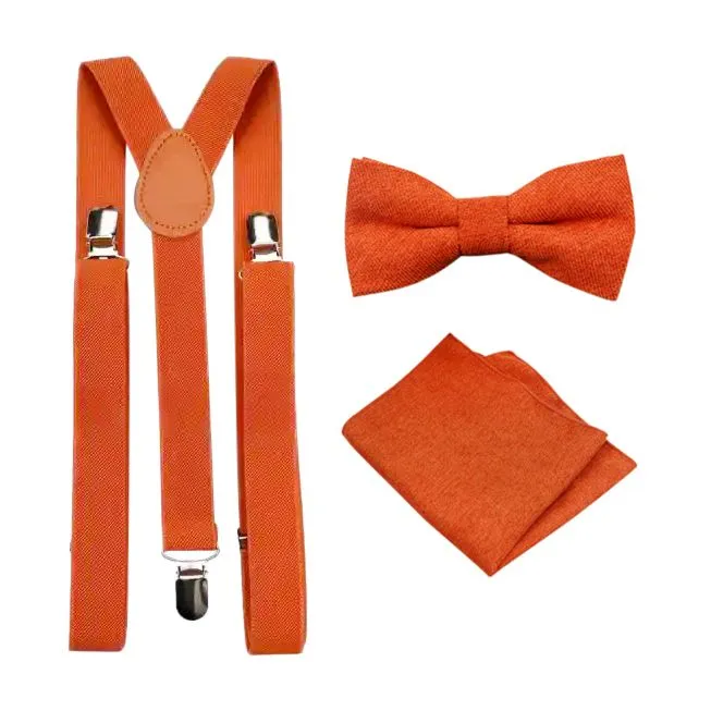 Bea Burnt Orange Cotton Bow Tie, Pocket Square and Burnt Orange Braces Set