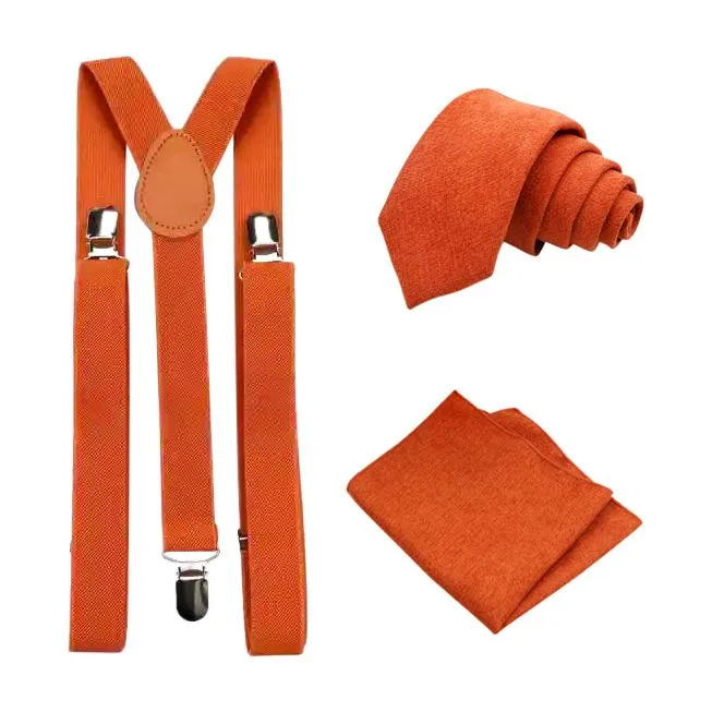 Bea Burnt Orange Cotton Tie, Pocket Square and Burnt Orange Braces Set