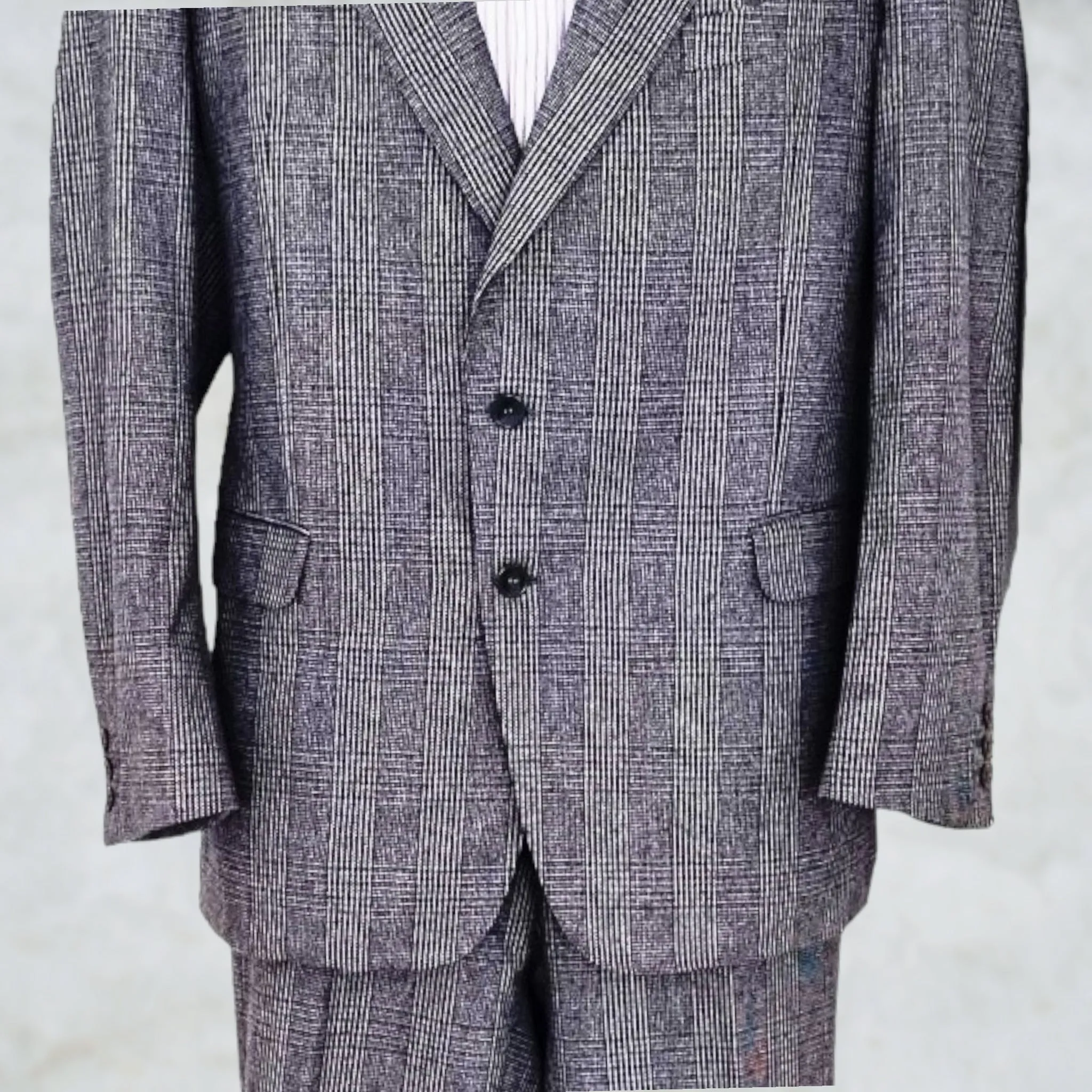 Bespoke Italian Tailored GreyTwo Piece Suit In Prince of Wales Check.