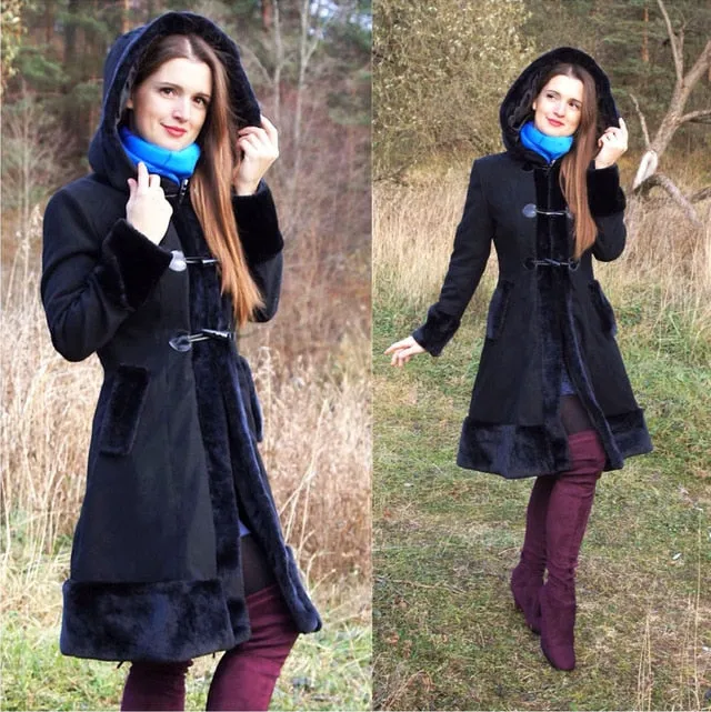 Black Flocking Winter Overcoat Hooded Vintage Gothic Trench Coat