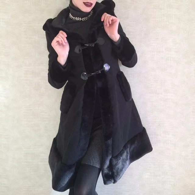 Black Flocking Winter Overcoat Hooded Vintage Gothic Trench Coat