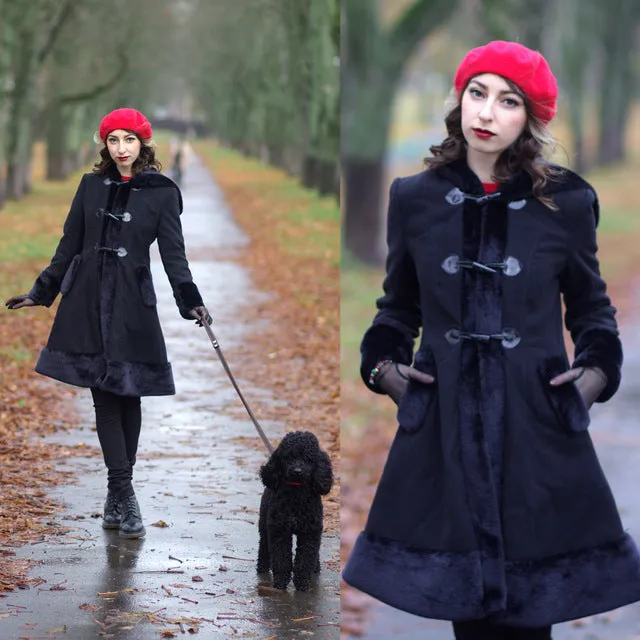 Black Flocking Winter Overcoat Hooded Vintage Gothic Trench Coat