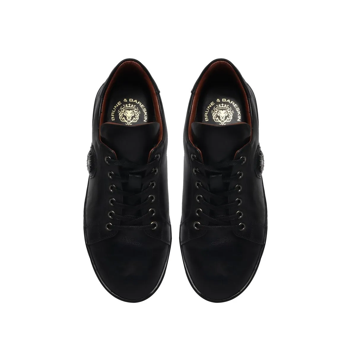 Black Leather Sneakers with Metal Lion logo on Quarter