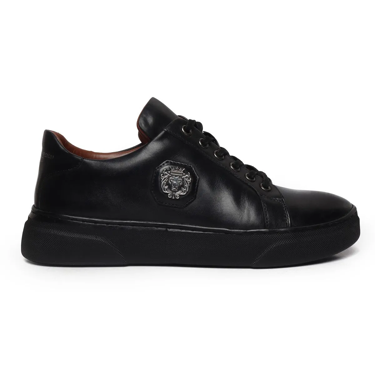 Black Leather Sneakers with Metal Lion logo on Quarter