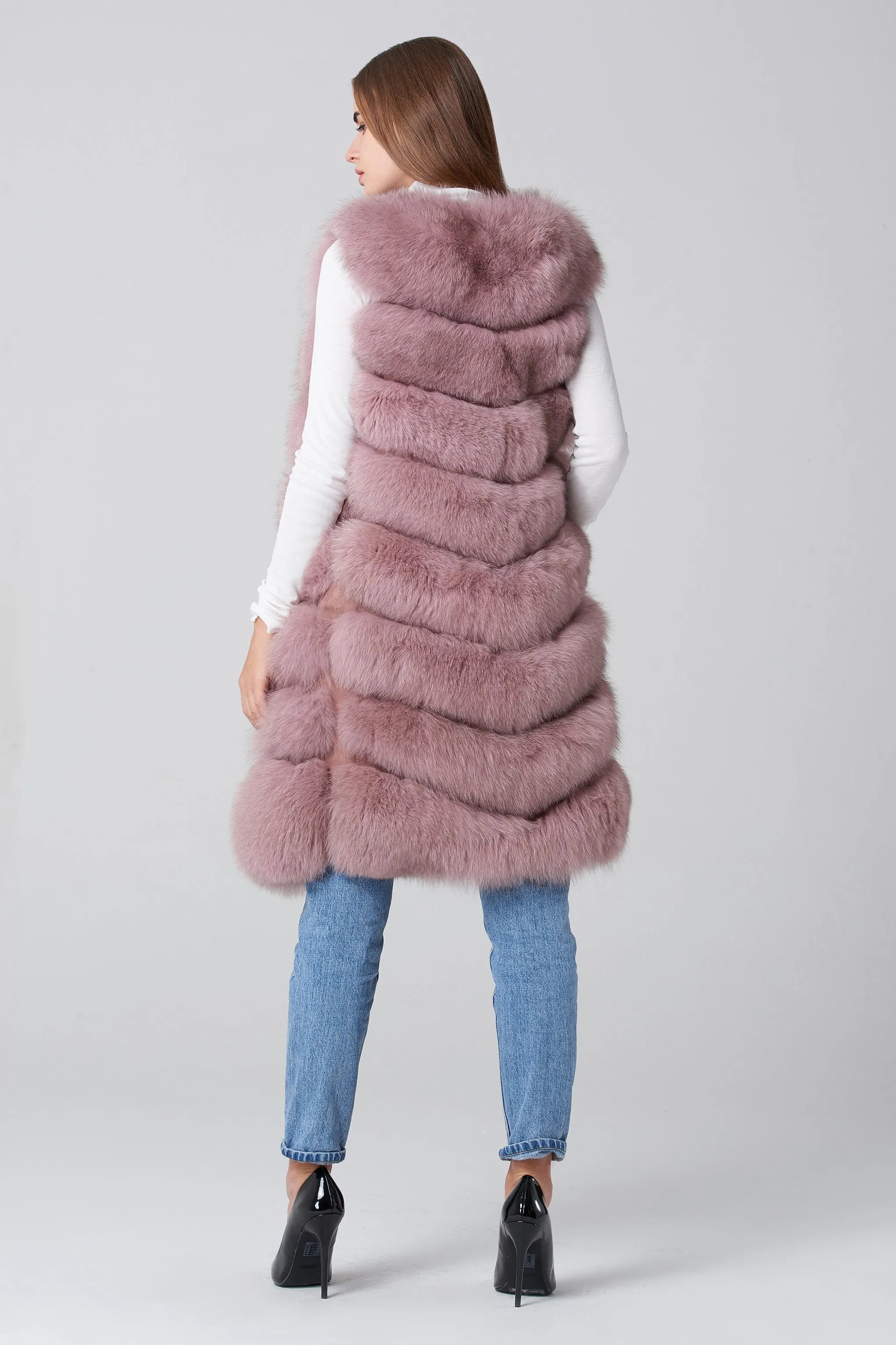 Blush Pink Square Knee Length Fox Fur Coat