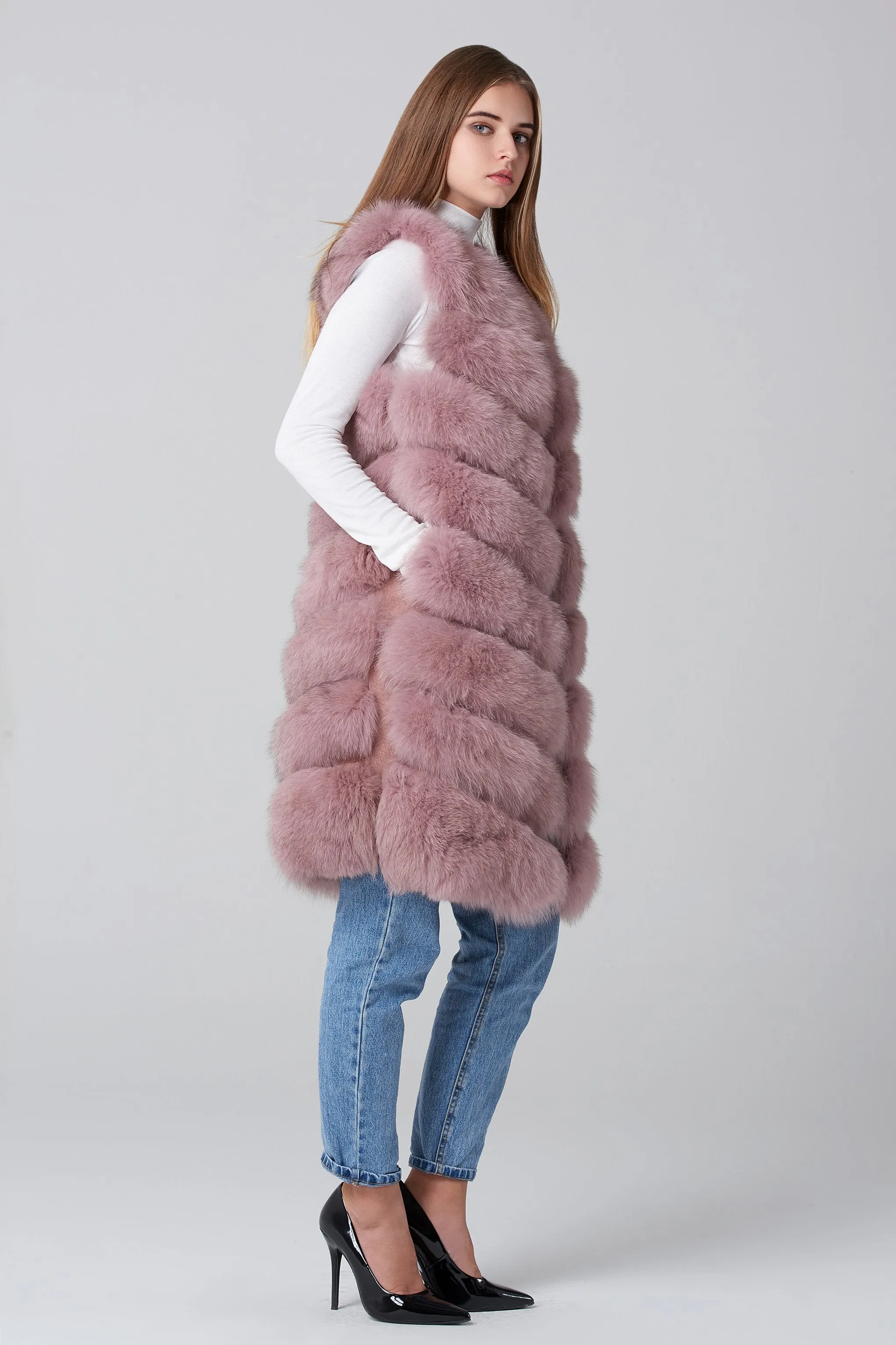 Blush Pink Square Knee Length Fox Fur Coat