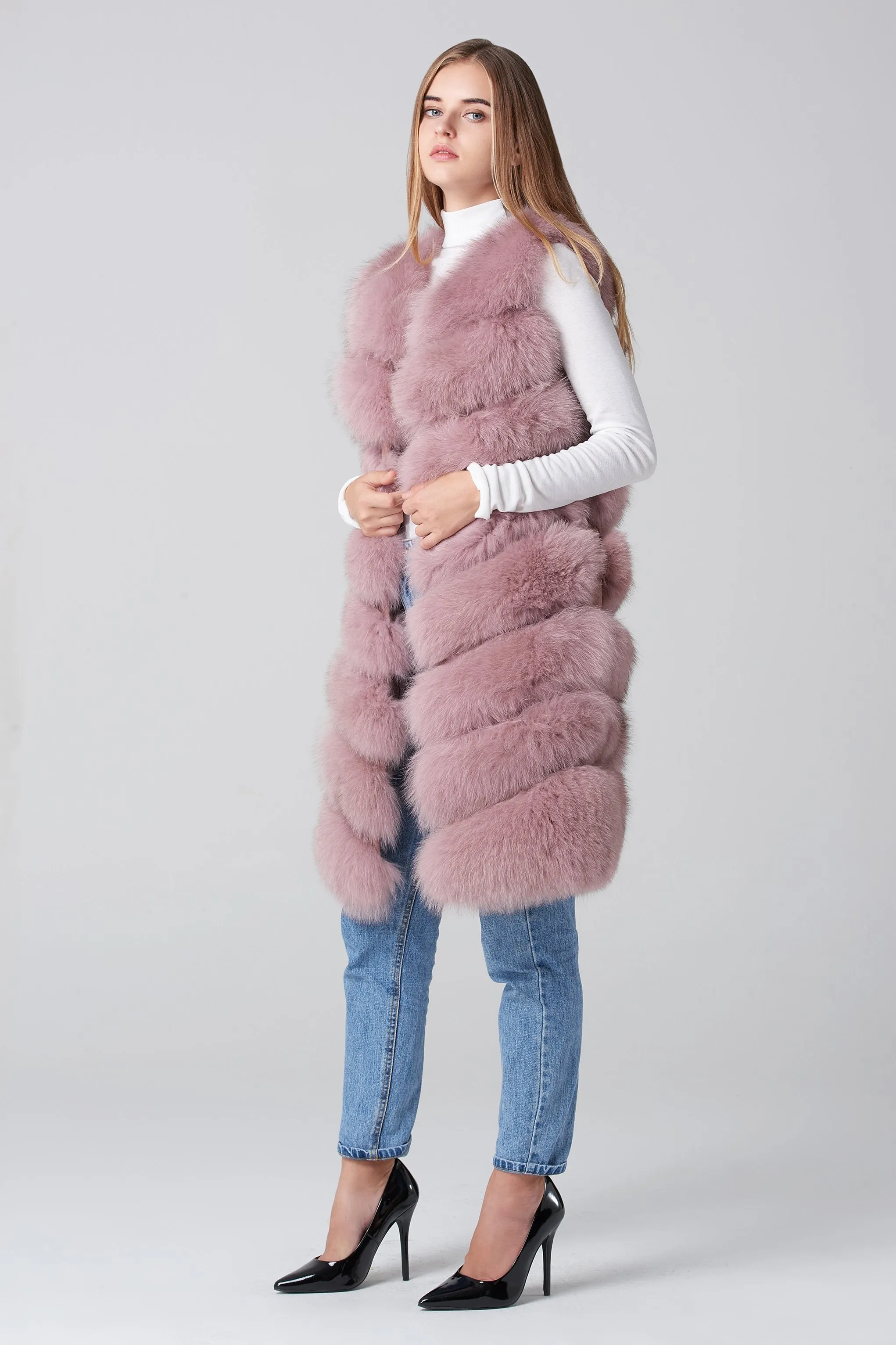 Blush Pink Square Knee Length Fox Fur Coat