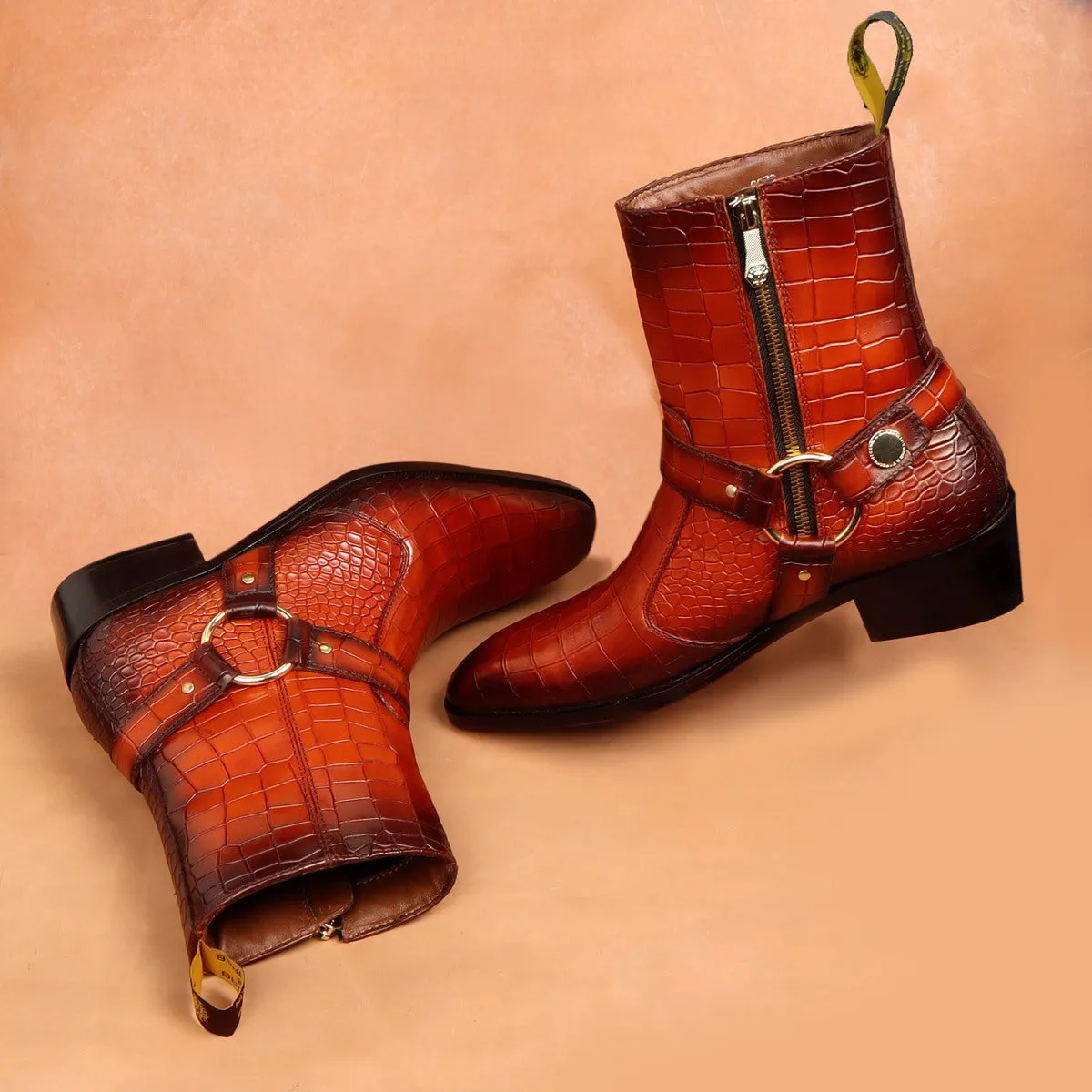 Burnished Tan Chelsea Boots Perfect Cuban Heel Deep Cut Leather with Stylish Buckle Strap by Brune & Bareskin