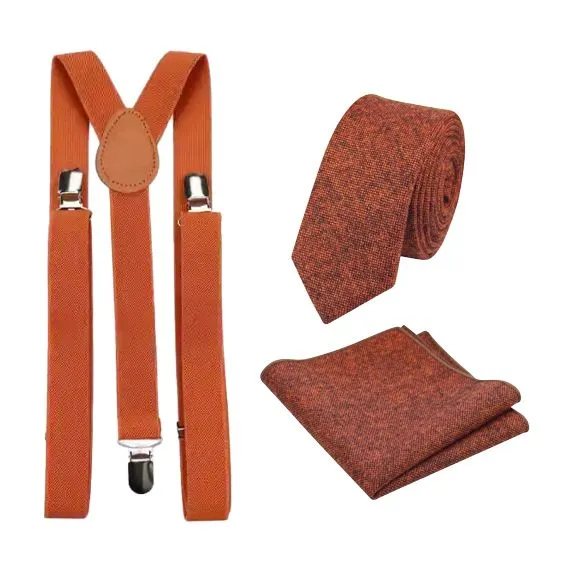 Charlie Rusty Burnt Orange Wool Tie, Pocket Square and Burnt Orange Braces Set