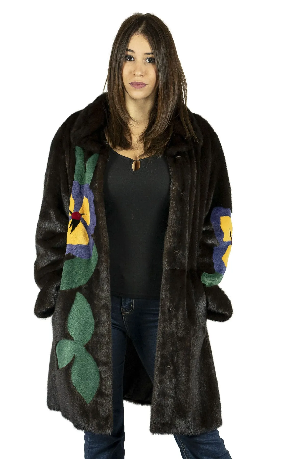 Coat in mink with floral inlays