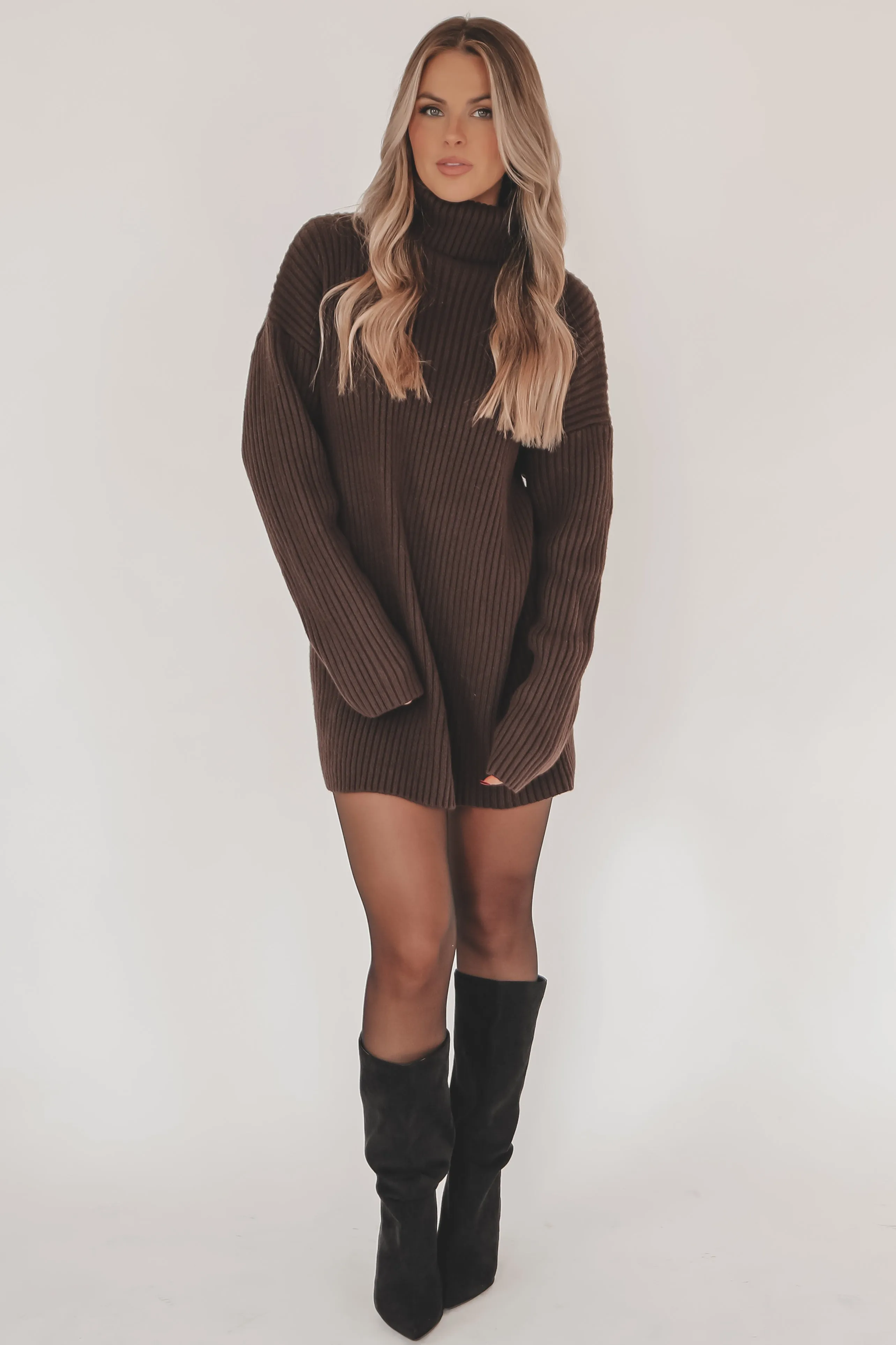 Cozy Enough Chocolate Brown Turtleneck Sweater Dress