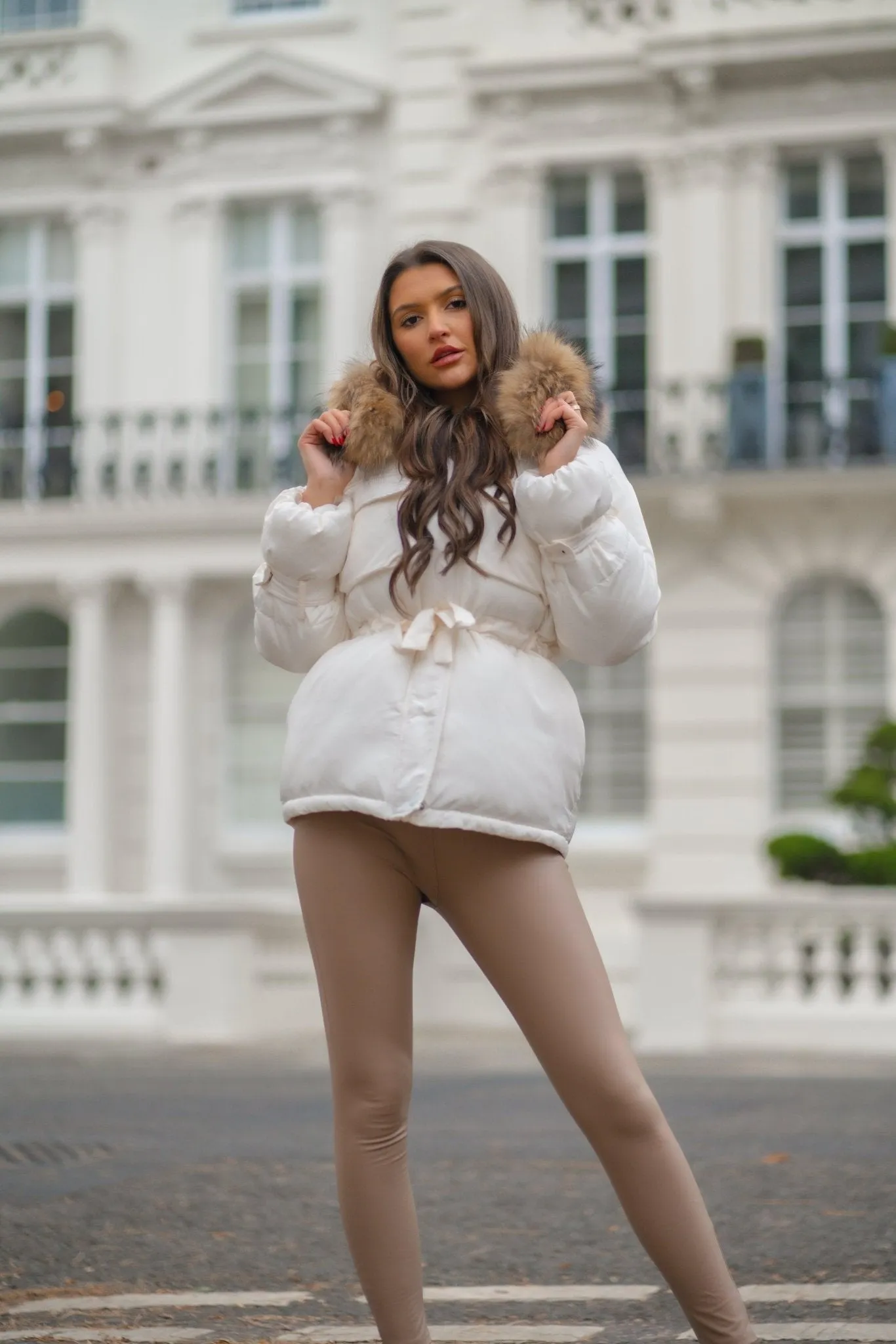 Cream Drawstring Luxury Fur Padded Belted Coat