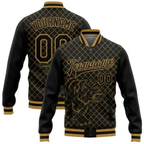 Custom Black Old Gold Check And Tiger 3D Pattern Design Bomber Full-Snap Varsity Letterman Jacket