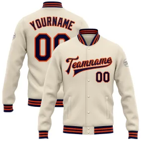 Custom Cream Navy-Orange Bomber Full-Snap Varsity Letterman Jacket