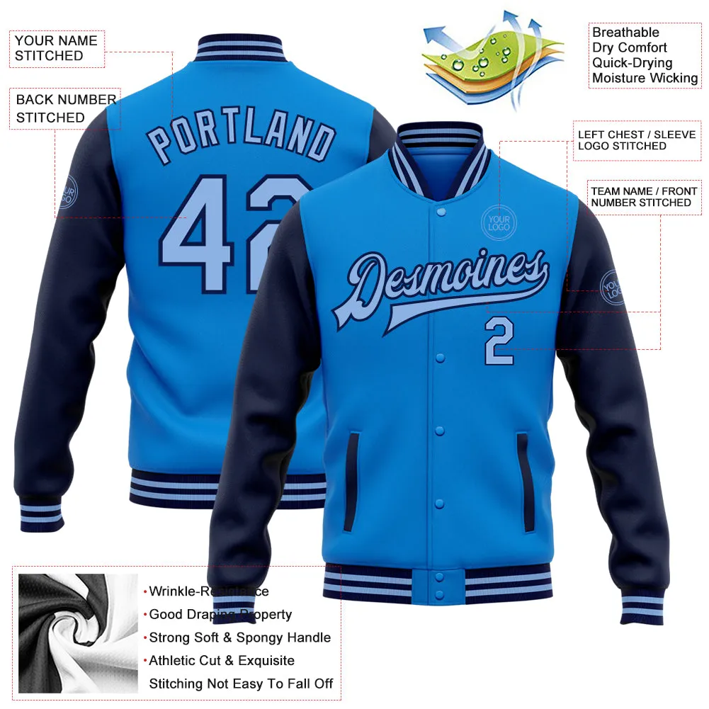 Custom Powder Blue Light Blue-Navy Bomber Full-Snap Varsity Letterman Two Tone Jacket