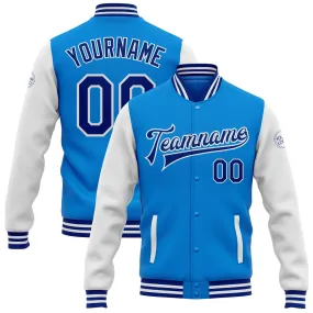 Custom Powder Blue Royal-White Bomber Full-Snap Varsity Letterman Two Tone Jacket