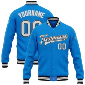 Custom Powder Blue White Black-Gray Bomber Full-Snap Varsity Letterman Jacket