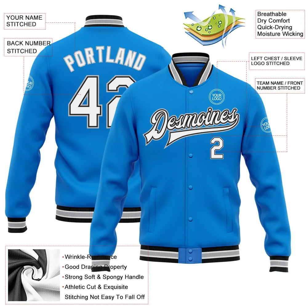 Custom Powder Blue White Black-Gray Bomber Full-Snap Varsity Letterman Jacket