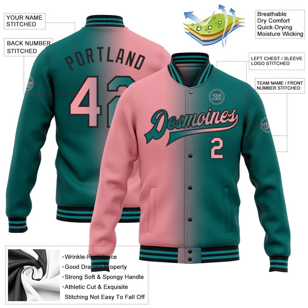 Custom Teal Medium Pink-Black Bomber Full-Snap Varsity Letterman Gradient Fashion Jacket