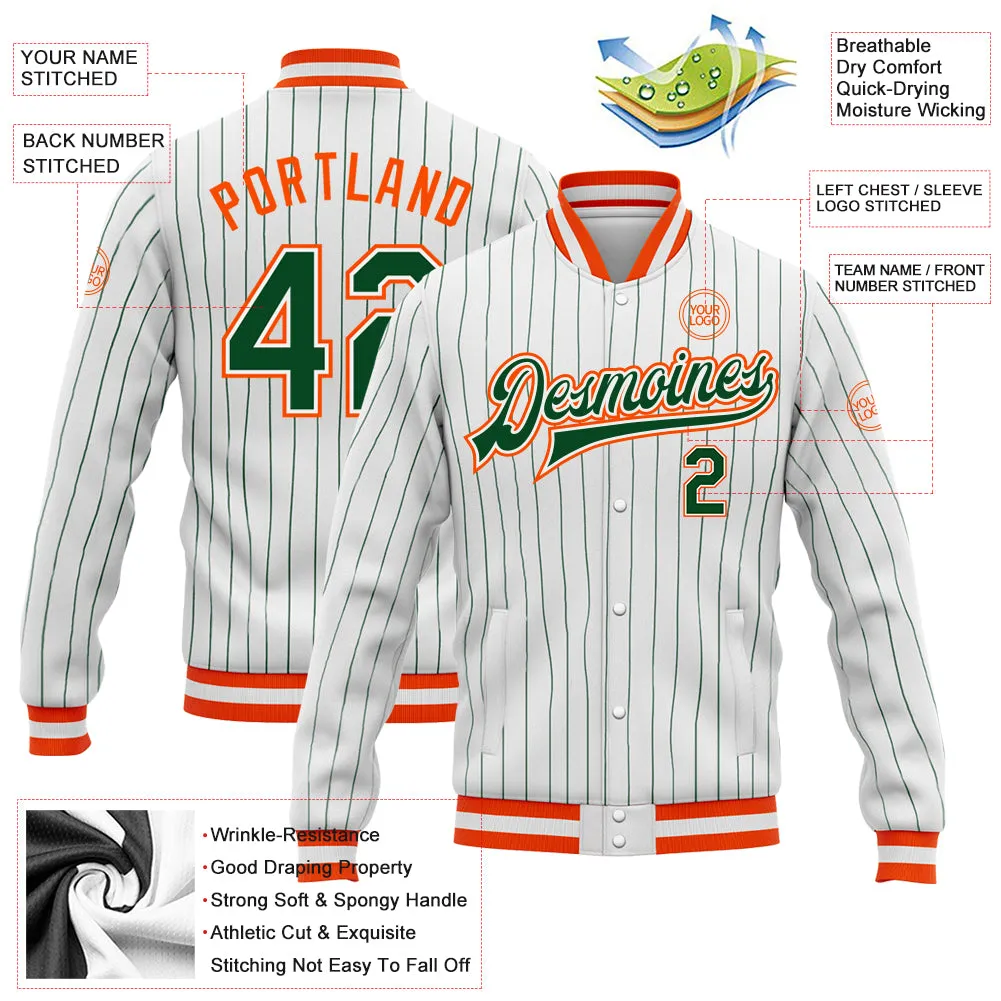 Custom White Green Pinstripe Orange Bomber Full-Snap Varsity Letterman Jacket