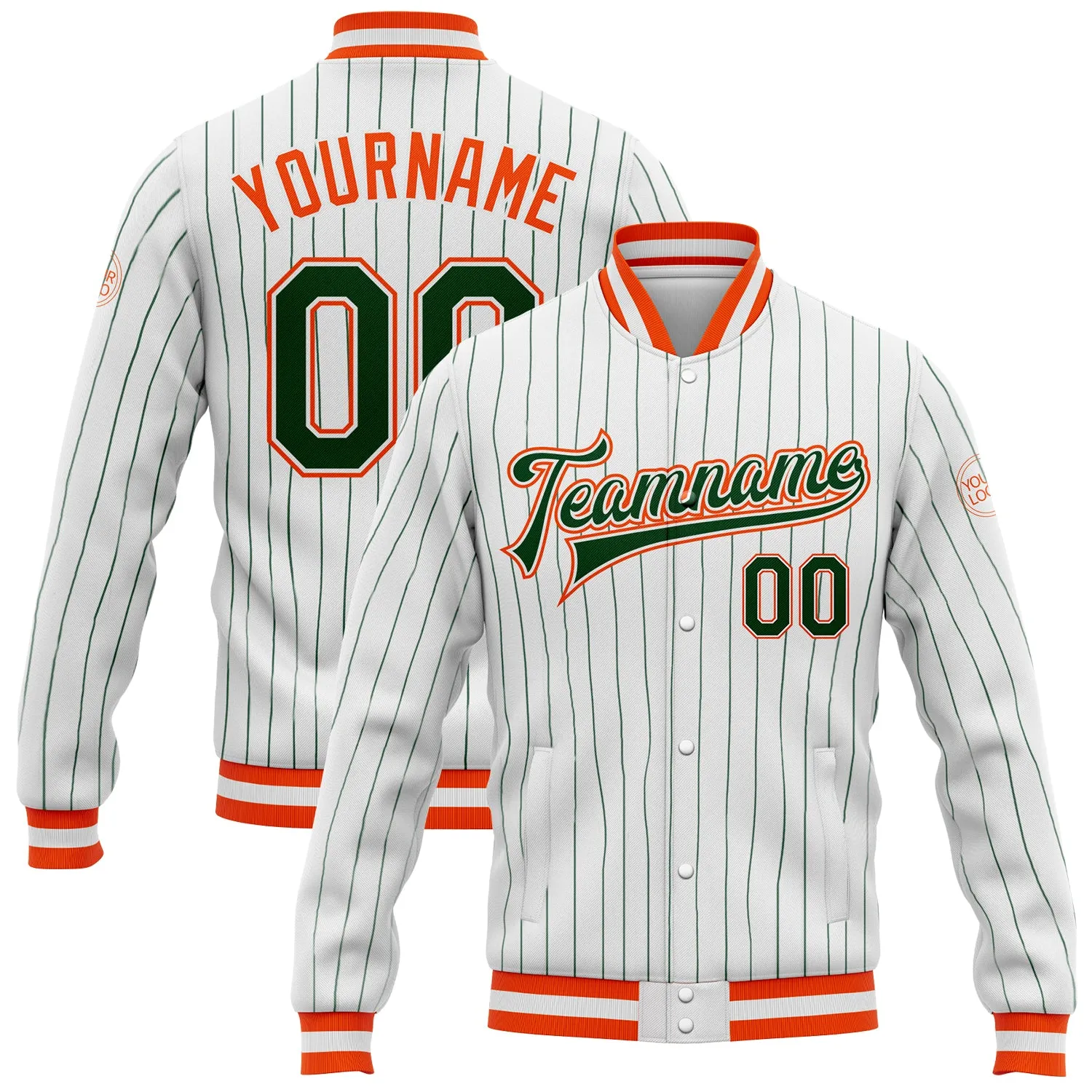 Custom White Green Pinstripe Orange Bomber Full-Snap Varsity Letterman Jacket