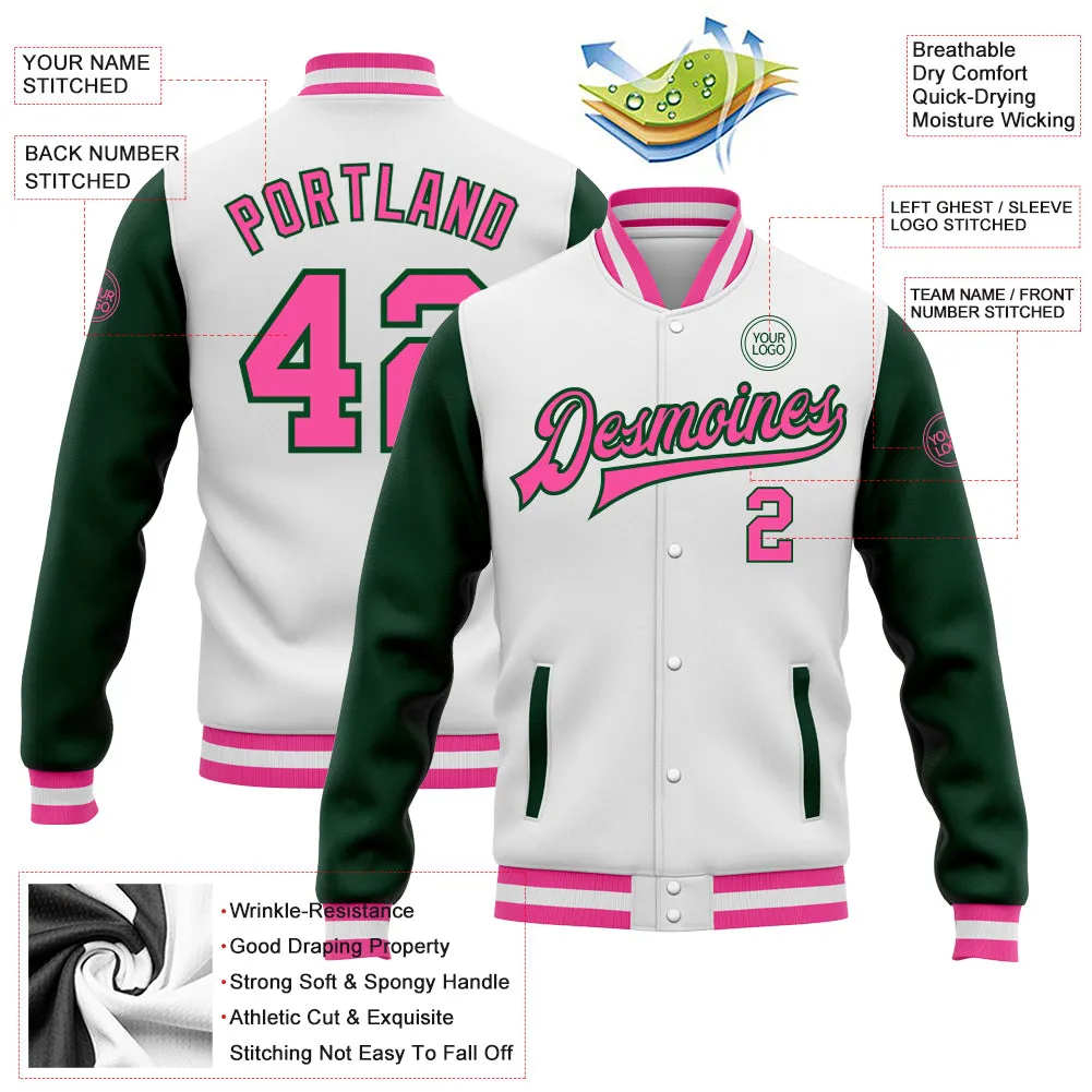 Custom White Pink-Green Bomber Full-Snap Varsity Letterman Two Tone Jacket