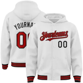 Custom White Red-Black Bomber Full-Snap Varsity Letterman Hoodie Jacket