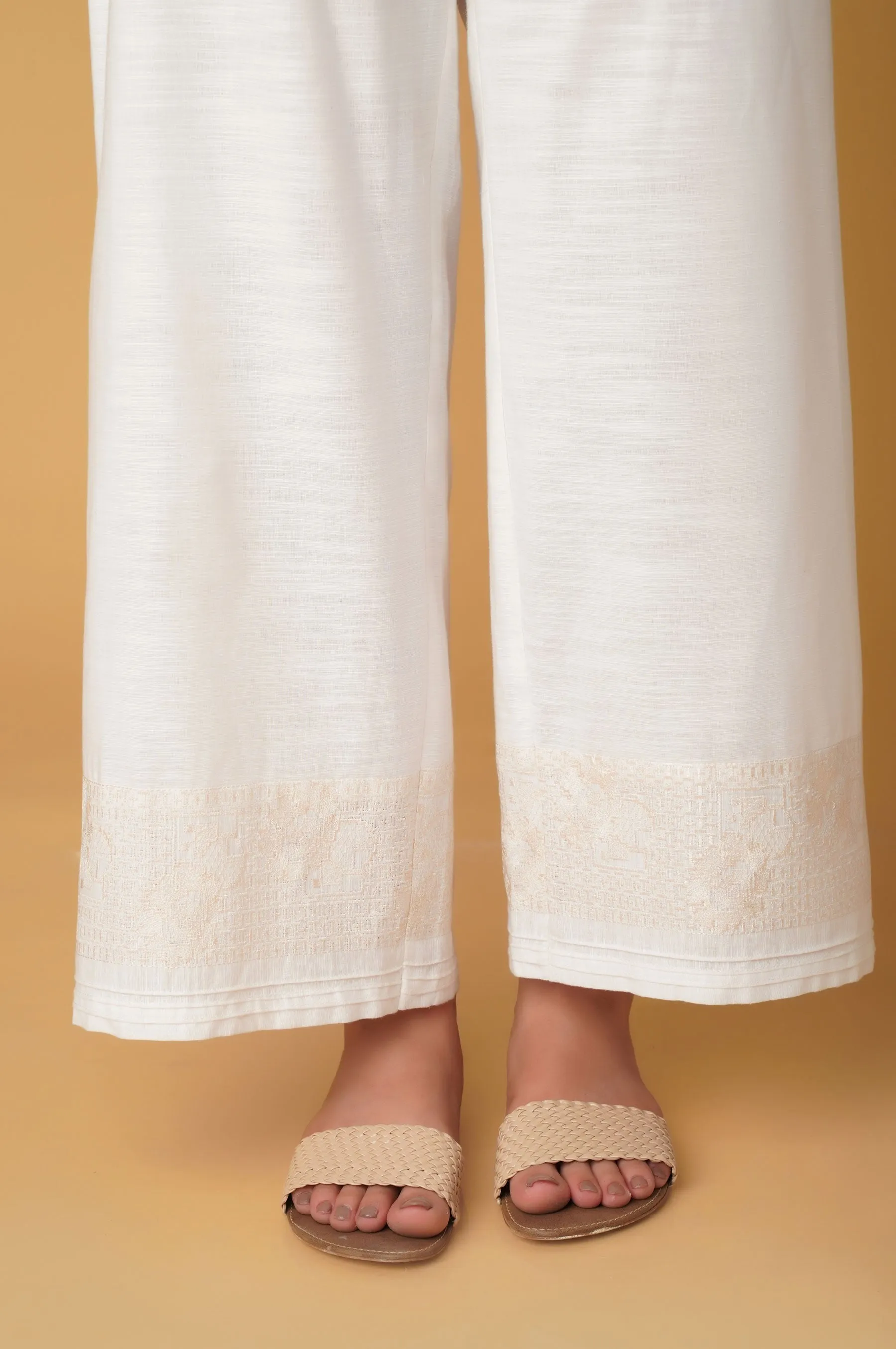 Embroidered Khaddar culottes - White