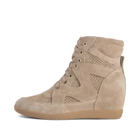 Emmy Lace Suede Wedge Sneaker - TAUPE