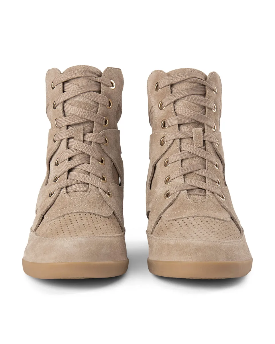 Emmy Lace Suede Wedge Sneaker - TAUPE