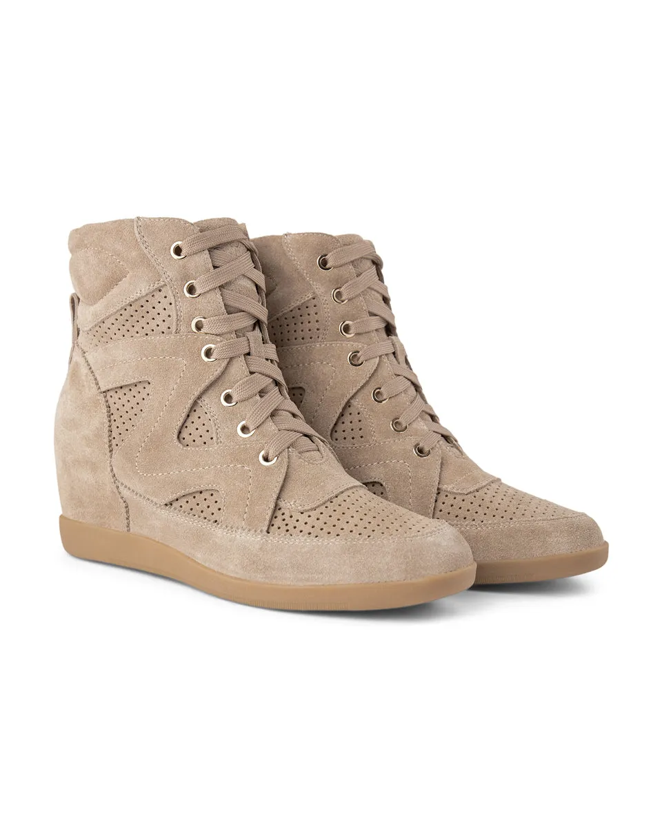 Emmy Lace Suede Wedge Sneaker - TAUPE