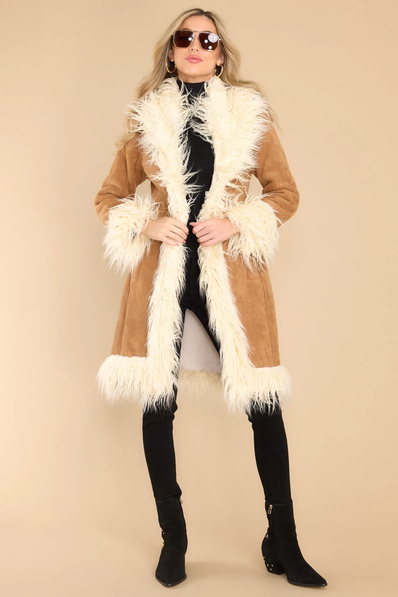 Fame Story Faux Fur Tan Afghan Coat