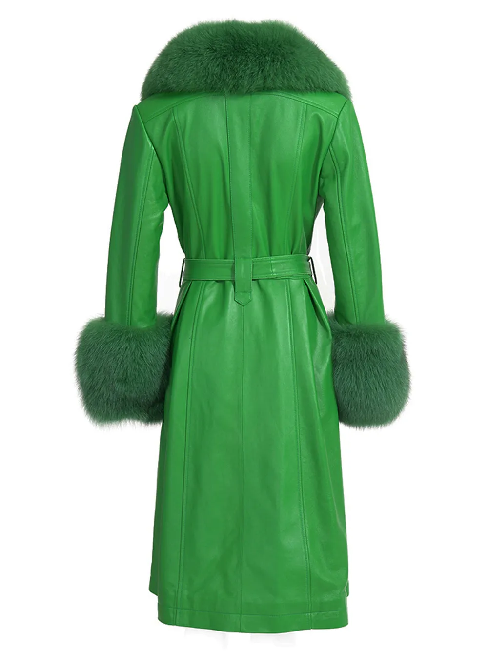 Faux Fur Genuine Leather Coat In Emerald Green