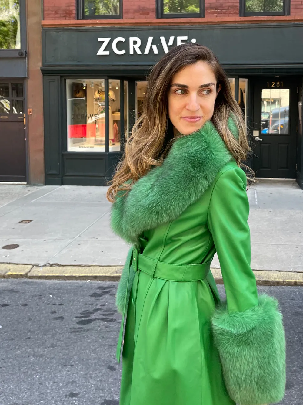 Faux Fur Genuine Leather Coat In Emerald Green