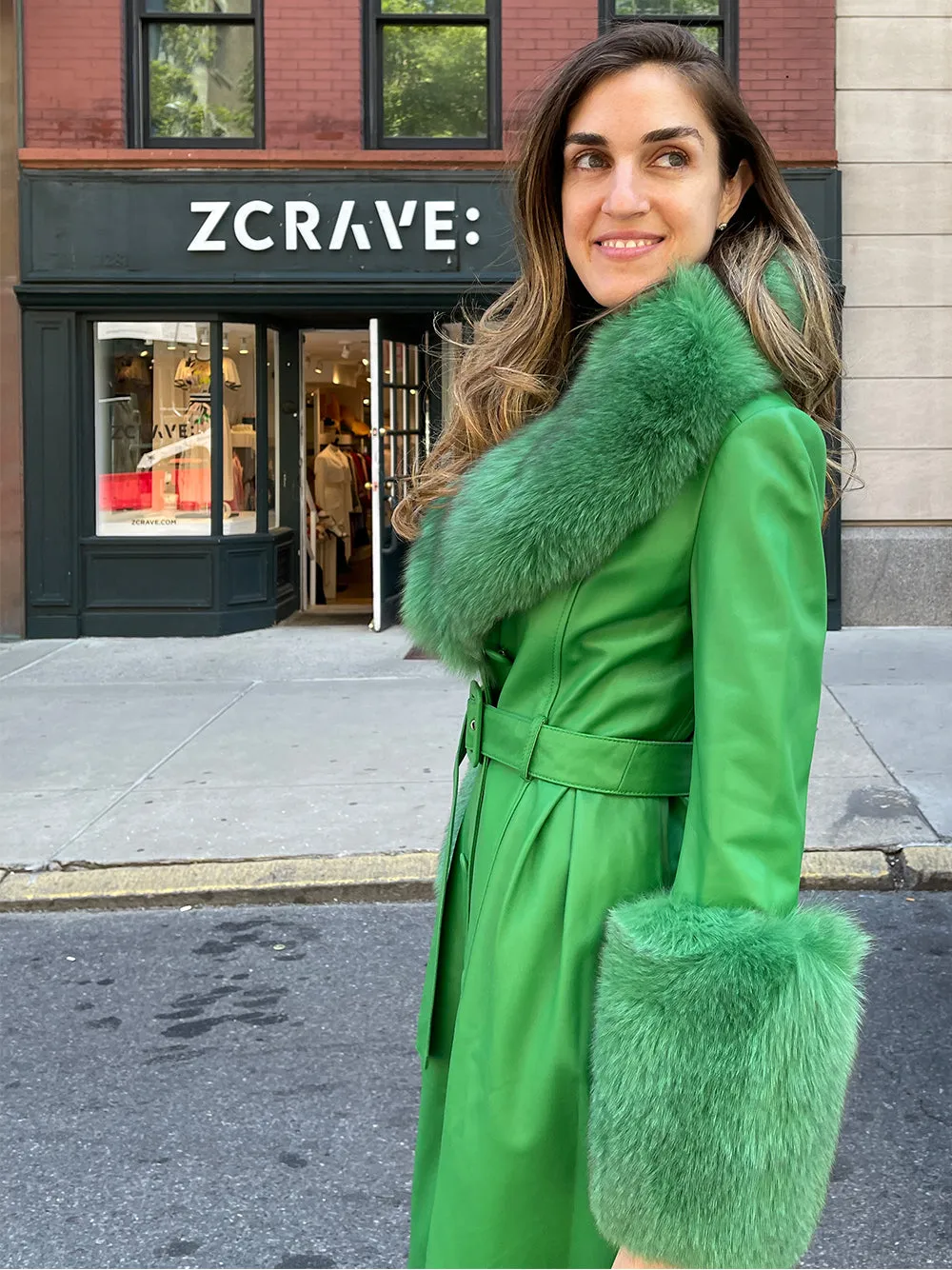 Faux Fur Genuine Leather Coat In Emerald Green