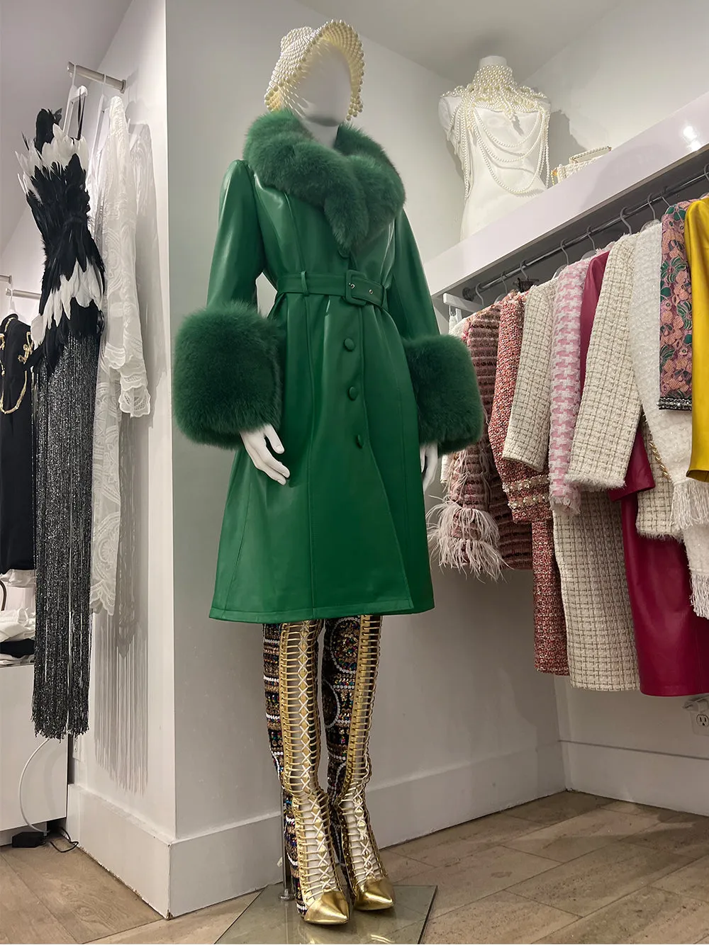 Faux Fur Genuine Leather Coat In Emerald Green