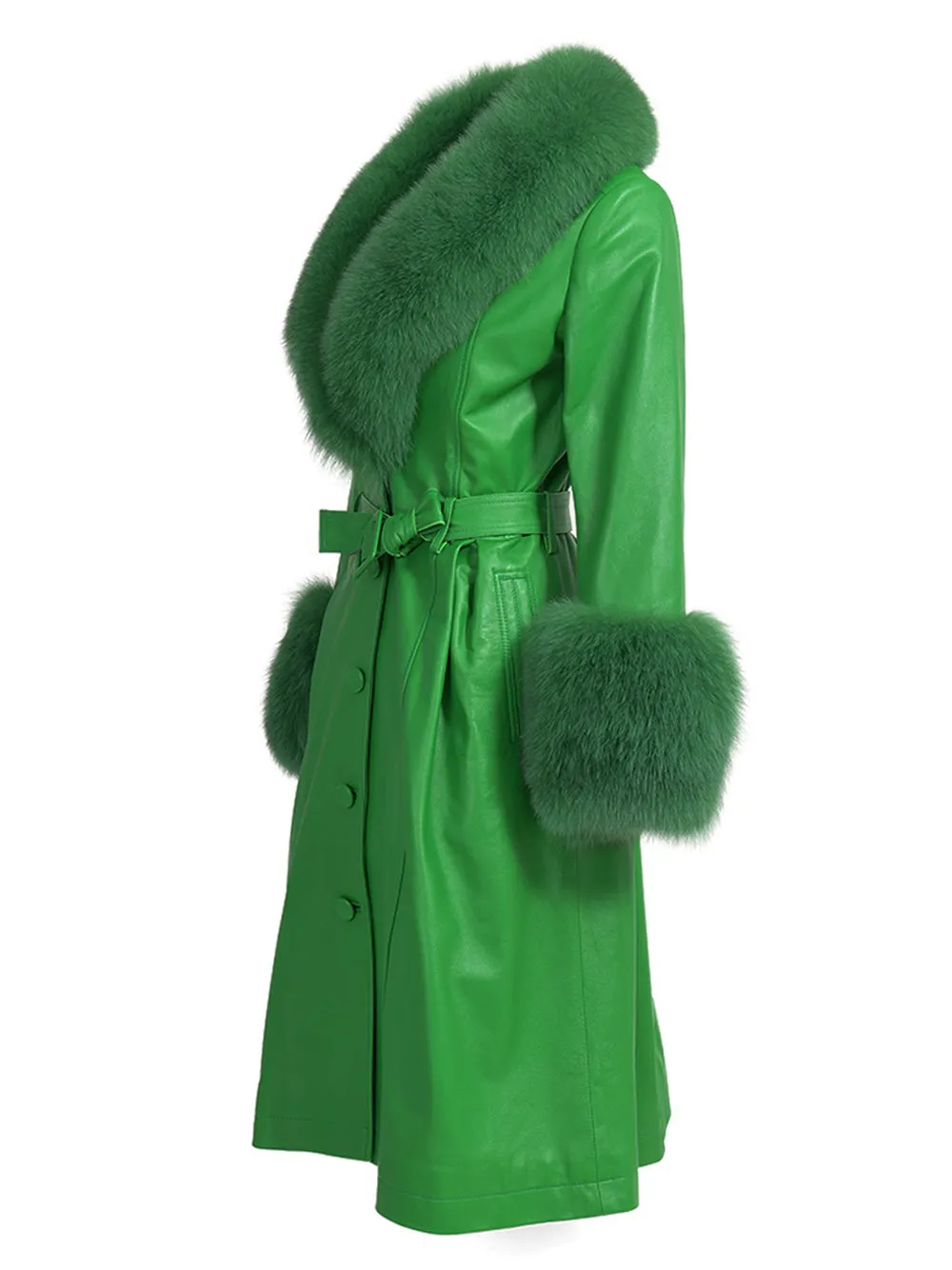 Faux Fur Genuine Leather Coat In Emerald Green