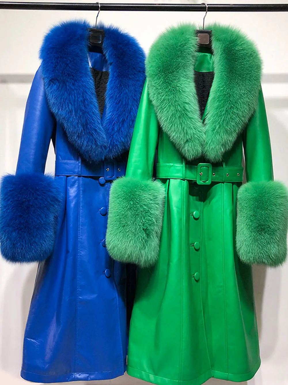 Faux Fur Genuine Leather Coat In Emerald Green