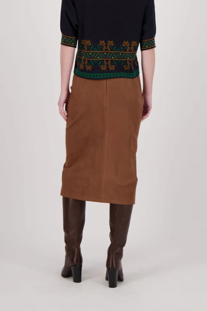 Faux Suede Midi Skirt With Front Slit