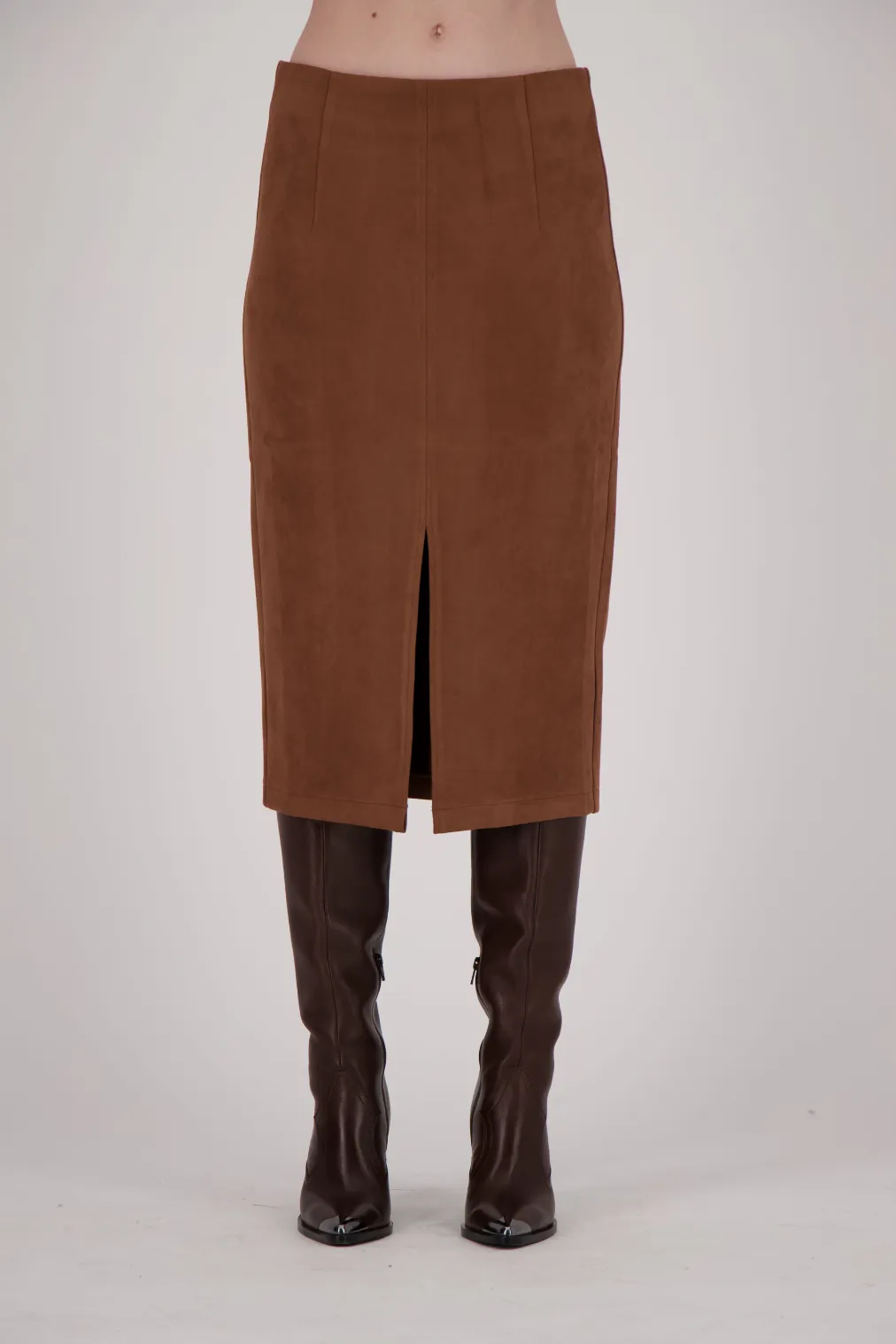 Faux Suede Midi Skirt With Front Slit