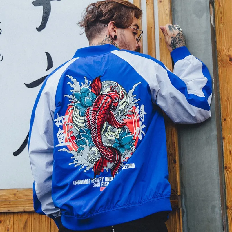 Fish Patchwork Embroidery Printed Windbreaker Jacket