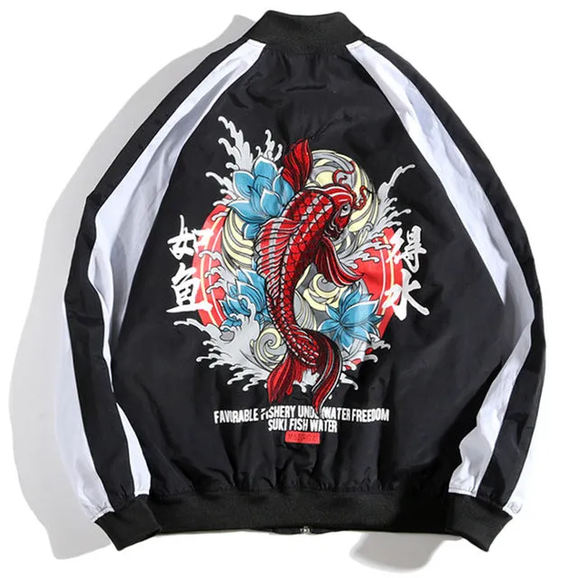 Fish Patchwork Embroidery Printed Windbreaker Jacket