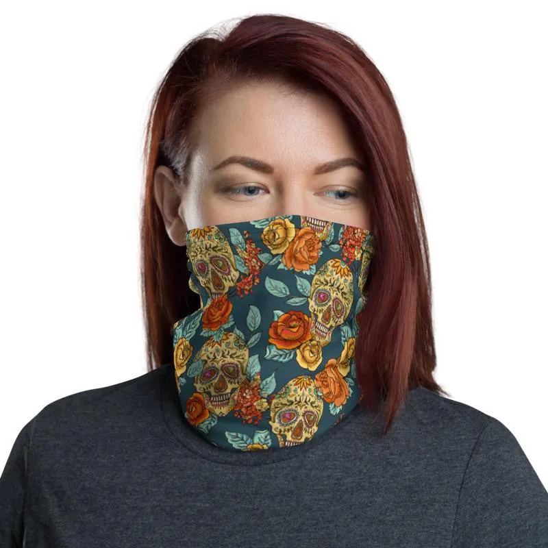 Flower Sugar vintage rose blue skull pattern Face cover, Neck Gaiter mask tube scarf, Bandana Balaclava Wristband, Head wrap Shield covering