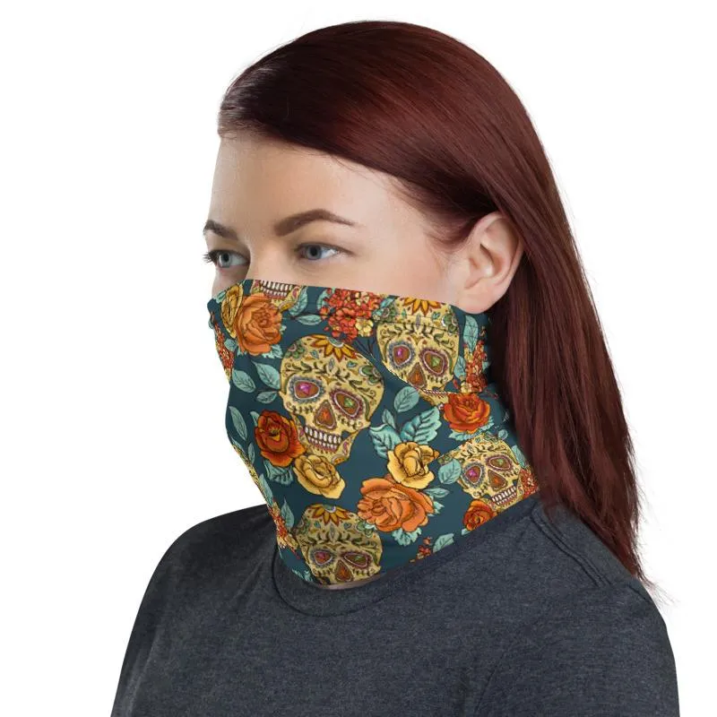 Flower Sugar vintage rose blue skull pattern Face cover, Neck Gaiter mask tube scarf, Bandana Balaclava Wristband, Head wrap Shield covering