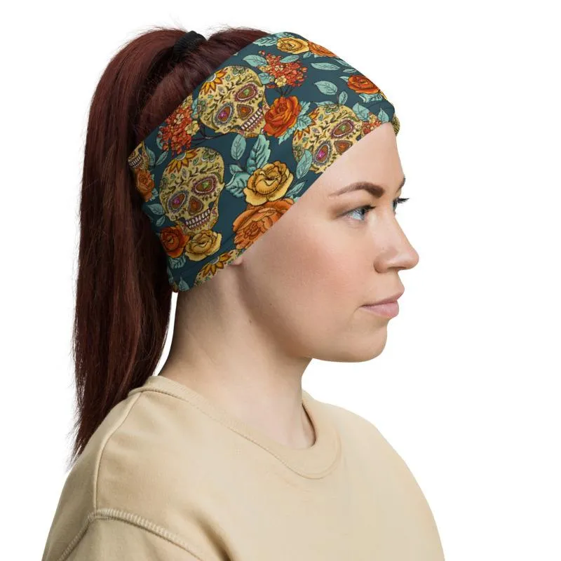 Flower Sugar vintage rose blue skull pattern Face cover, Neck Gaiter mask tube scarf, Bandana Balaclava Wristband, Head wrap Shield covering