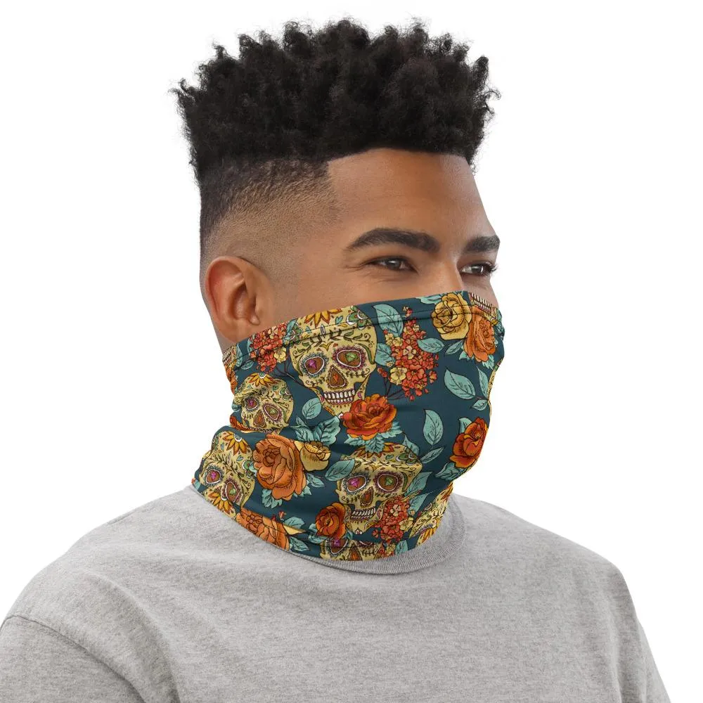 Flower Sugar vintage rose blue skull pattern Face cover, Neck Gaiter mask tube scarf, Bandana Balaclava Wristband, Head wrap Shield covering