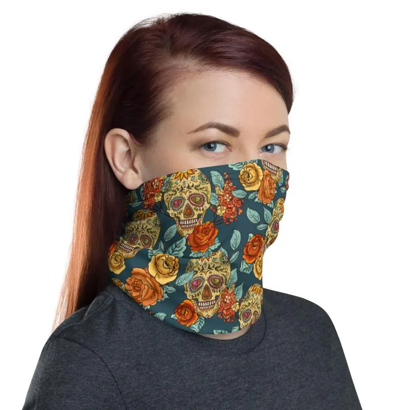 Flower Sugar vintage rose blue skull pattern Face cover, Neck Gaiter mask tube scarf, Bandana Balaclava Wristband, Head wrap Shield covering